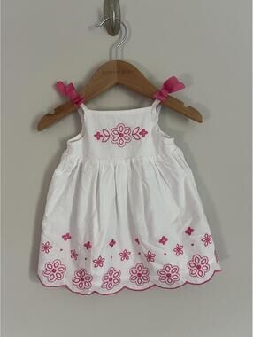 Ring Around the Rosie White/Pink Embroidered Tie Shoulder Dress, 3M